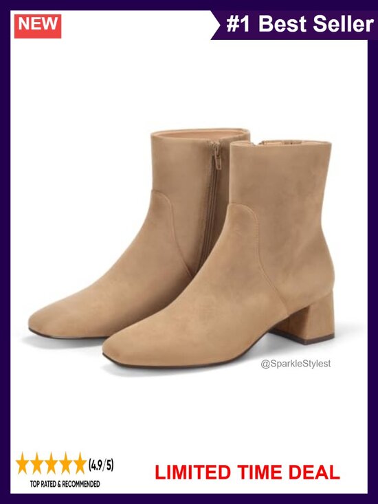 Shoes - Faux Suede Square Toe Chunky Heel Ankle Boots with Side Zipper